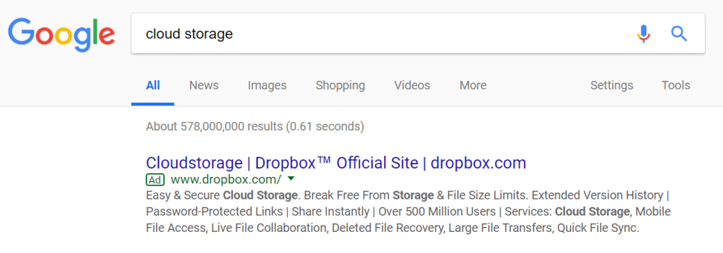 Dropbox点击付费营销的例子